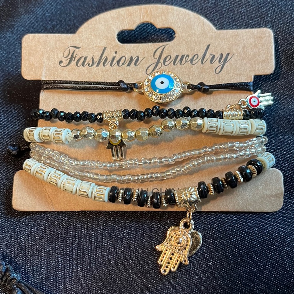 Hamsa Hand Evil Eye Protection Charm Beads Stackable Women Bracelet 6pc Set